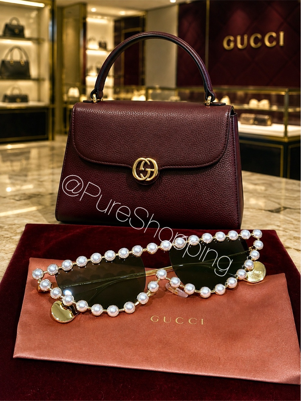 𝙍𝙖𝙧𝙚 Gucci Hollywood Forever Pearl-Trim Cat Eye Sunglasses✰꧂